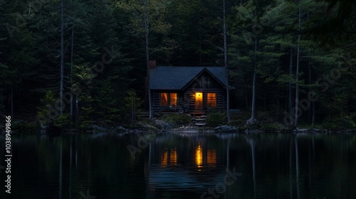 Fototapeta Naklejka Na Ścianę i Meble -  A small cabin in the middle of a lake at night