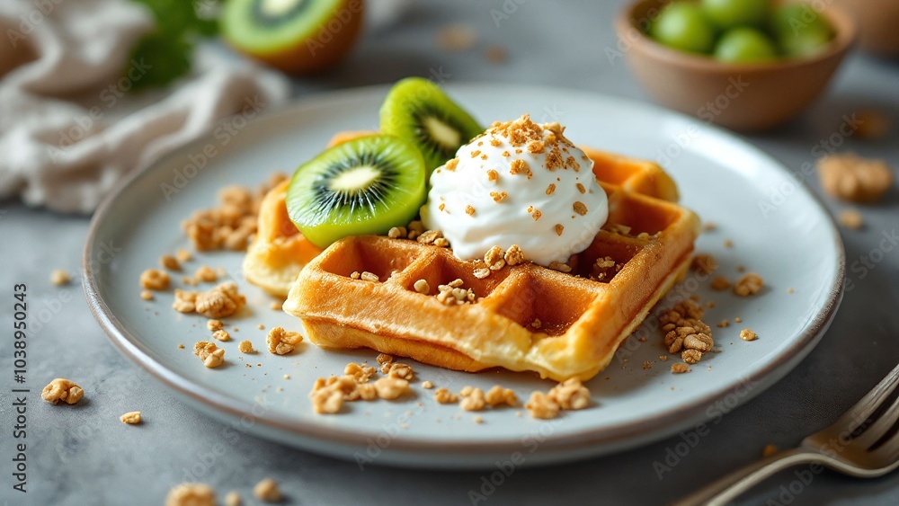 Fresh waffle topped with kiwi and yogurt, sprinkled with granola, on a light background Fresh waffle topped with kiwi and yogurt, sprinkled with granola, on a light background