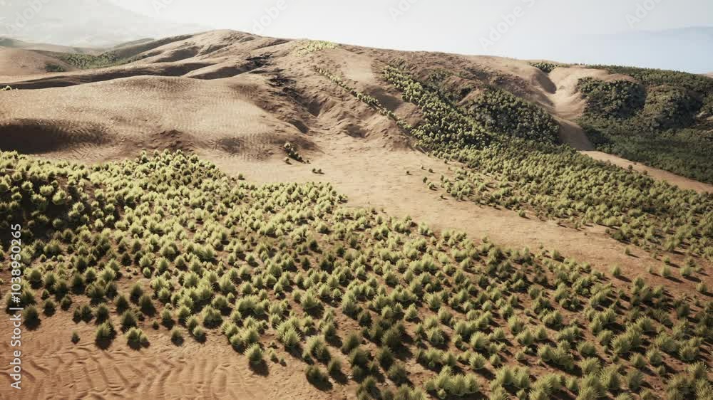 A vast desert stretches between towering mountains, blanketed with an array of low overgrown bushes, bathed in warm sunlight. A vast desert stretches between towering mountains, blanketed with an array of low overgrown bushes, bathed in warm sunlight.