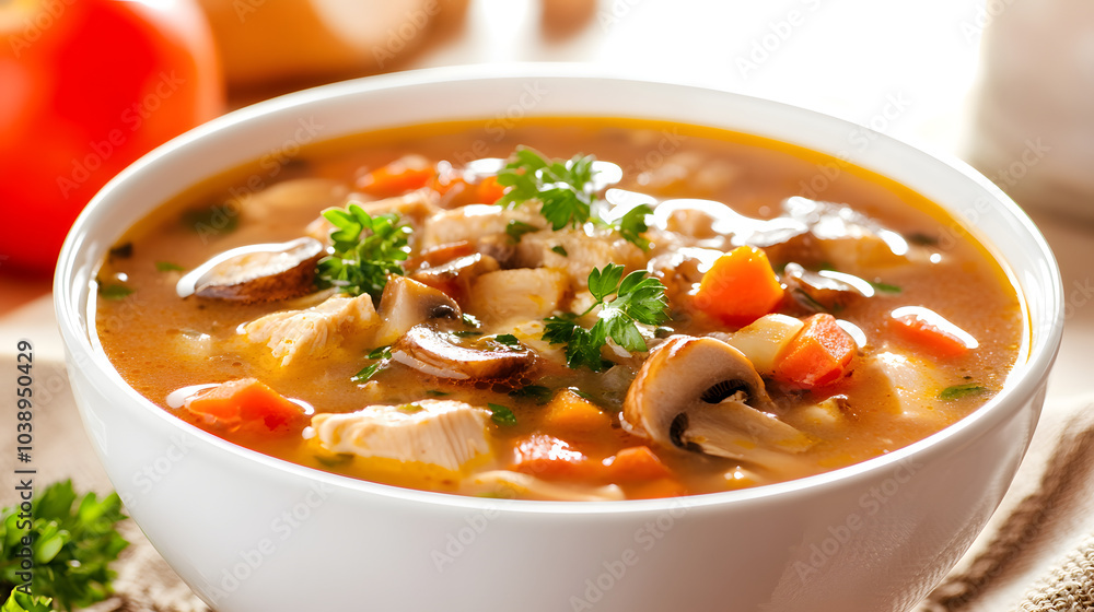 Hearty Mushroom Chicken Soup Brimming with Rich Flavors and Colorful Vegetables, Perfect for Family Dinners Hearty Mushroom Chicken Soup Brimming with Rich Flavors and Colorful Vegetables, Perfect for Family Dinners