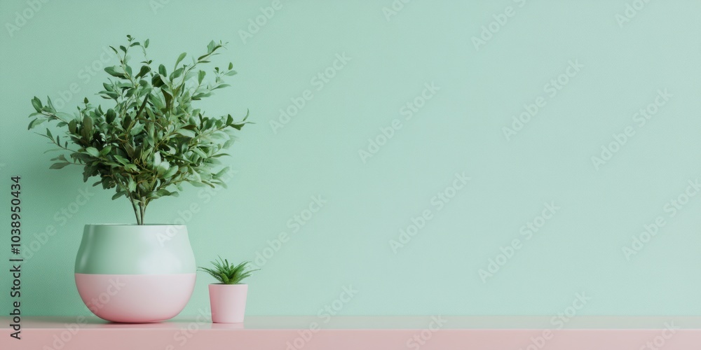 Minimalist Green and Pink Plant Decor: A Simple Yet Stylish Interior Design Concept. Minimalist Green and Pink Plant Decor: A Simple Yet Stylish Interior Design Concept.
