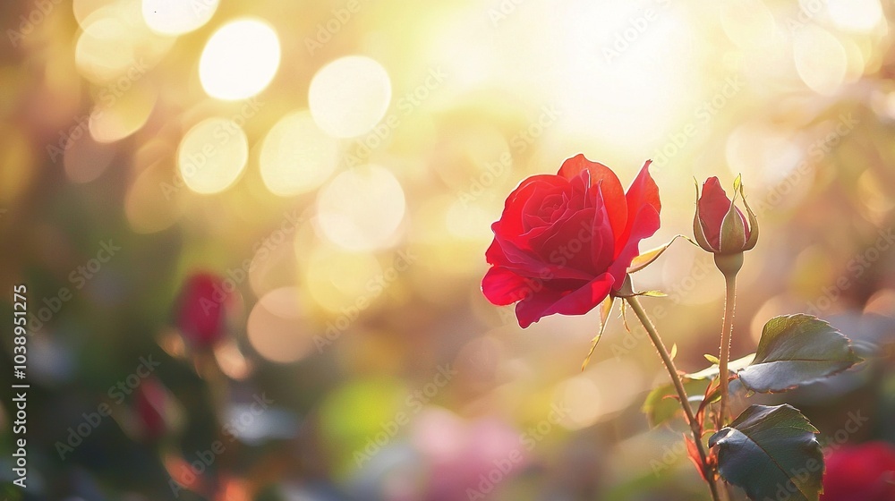 A solitary red rose in front of a fuzzy photo of sunlight filtering through the foliage A solitary red rose in front of a fuzzy photo of sunlight filtering through the foliage