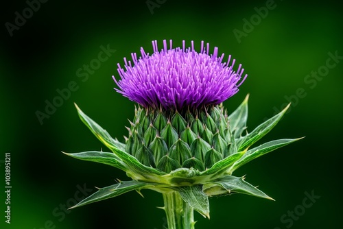 Milk thistle in a close-up shot, with its spiny leaves and vibrant purple flower head contrasted against a green backdrop
