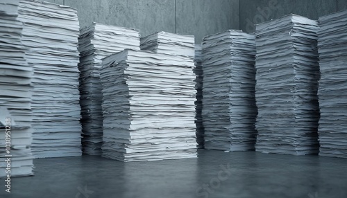 Stacks of unorganized paperwork in a dimly lit room, representing clutter and disarray. photo