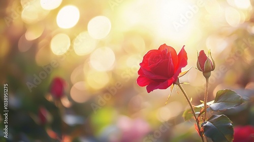  A solitary red rose in front of a fuzzy photo of sunlight filtering through the foliage