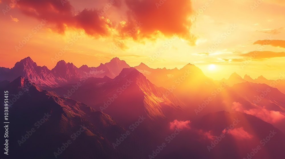 Obraz premium Stunning sunset over majestic mountains with vibrant colors and clouds