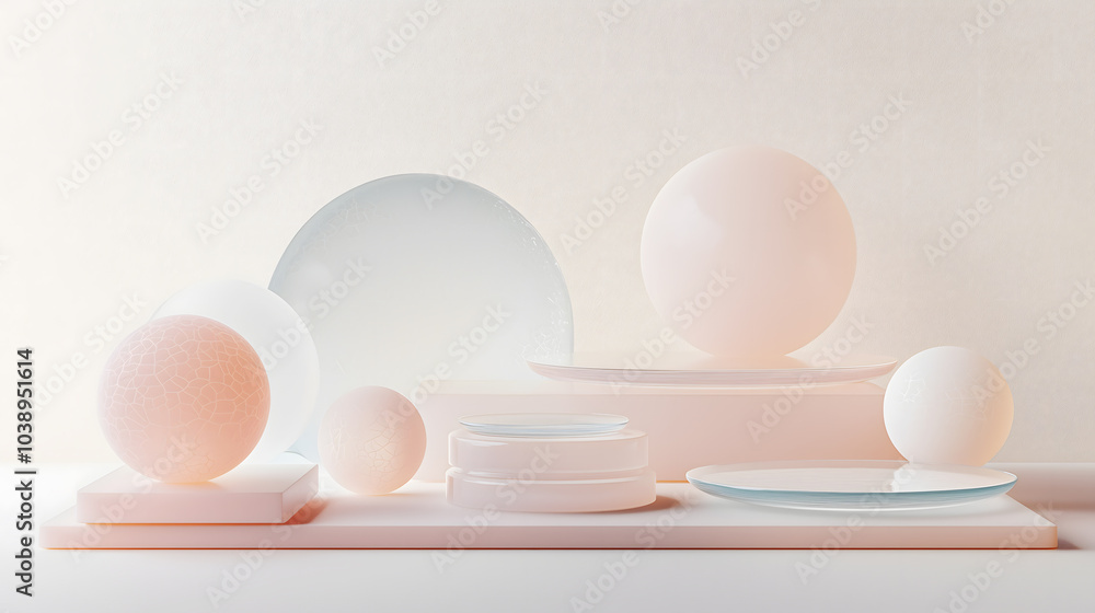 Fototapeta premium Minimalist composition of white and pale peach spheres and discs, arranged on geometric platforms. The smooth textures and soft lighting create an elegant, serene, modern aesthetic.