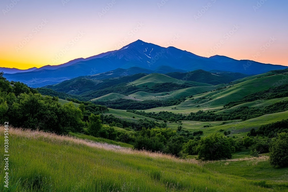 Obraz premium Minimalist mountain range silhouette against a pastel gradient sky at dawn
