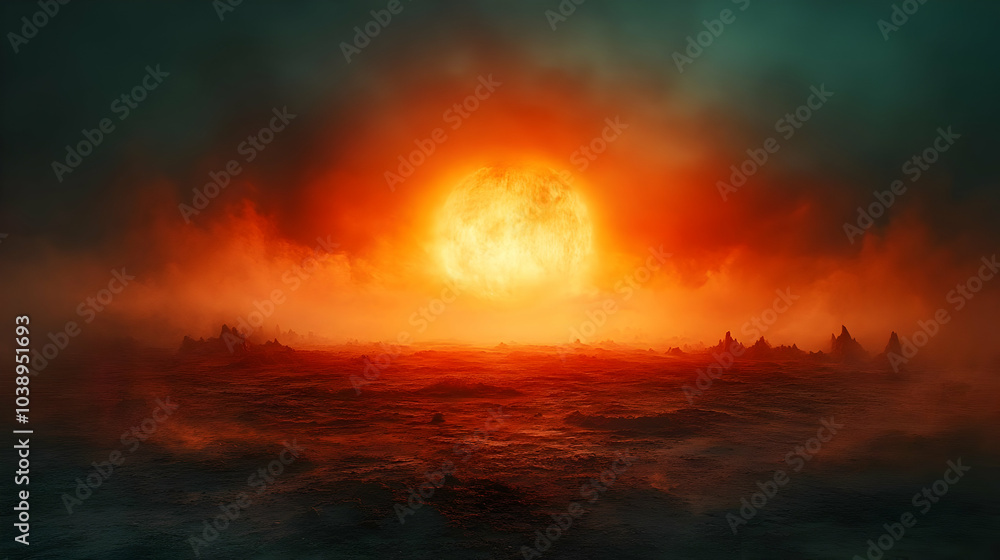 Red Sun and Misty Landscape - 3D Illustration Red Sun and Misty Landscape - 3D Illustration