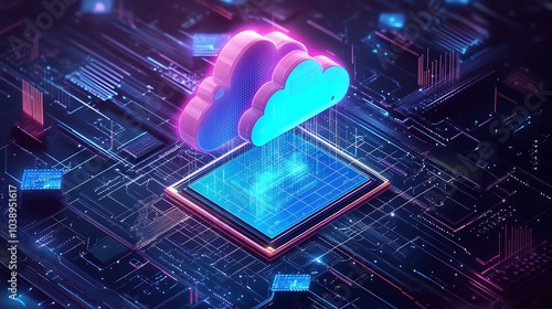 Computer chip with cloud connected to network of digital nodes, symbolizing integrated services. Blue and pink background of the future world. A computer screen with a cloud on it.