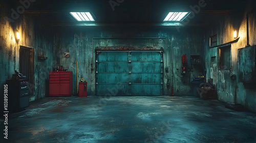 Dark Garage with Blue Garage Door and Concrete Floor - Realistic 3D Render