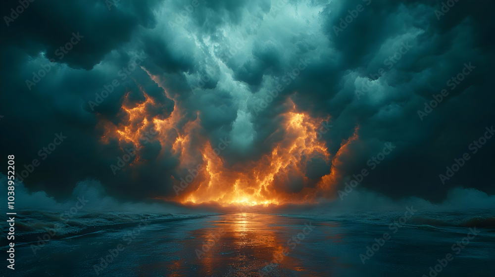 Dark Clouds With Fiery Glow Over Water Illustration Dark Clouds With Fiery Glow Over Water Illustration
