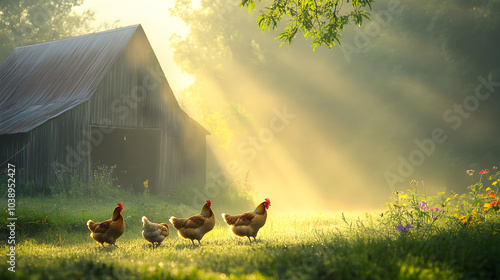 A Magical Early Morning Farmyard Scene with Mist and Chickens Peeking Through the Dewy Grass