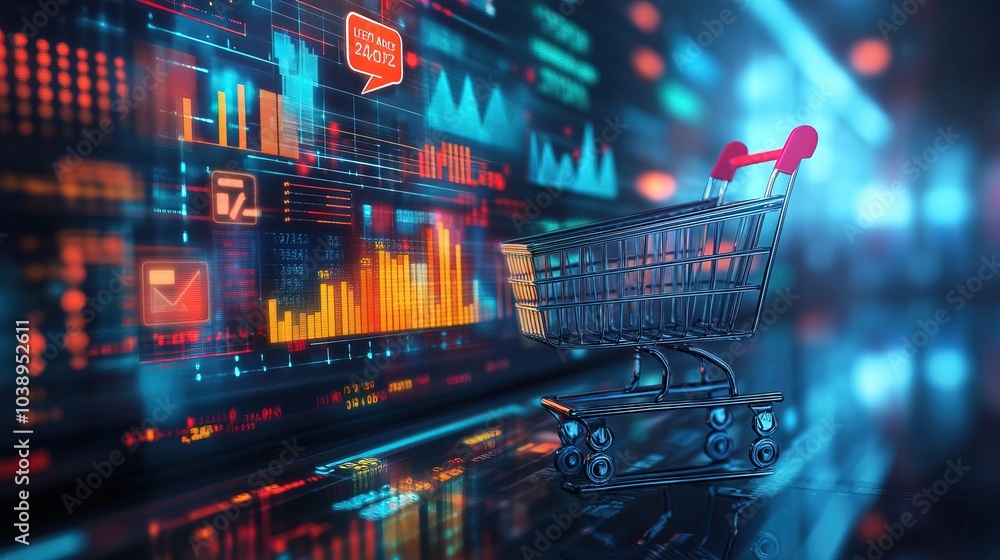 Sales Increase background with colorful graphs and ecommerce symbols Sales Increase background with colorful graphs and ecommerce symbols