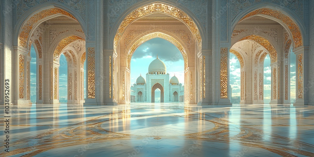 Obraz premium Interior View of a Grand Mosque with Ornate Arches and a View of the Minaret