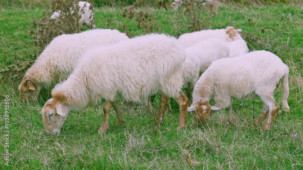 A flock of white sheep is grazing in a meadow