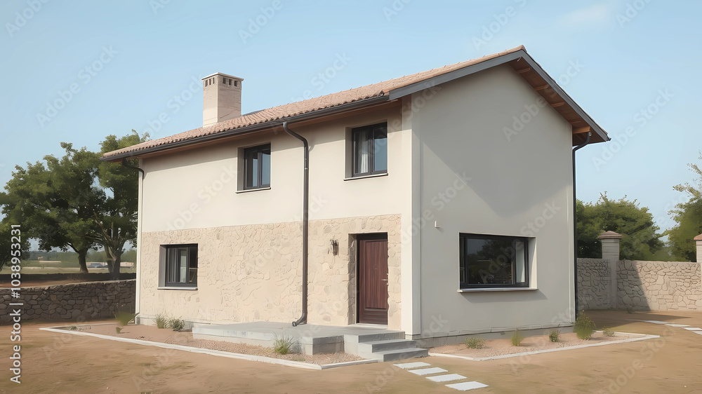 small house on the ground floor with stone and cement cladding small house on the ground floor with stone and cement cladding