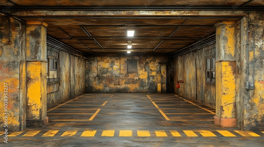 Grunge Yellow and Black Stripes Abandoned Building 3D Illustration Grunge Yellow and Black Stripes Abandoned Building 3D Illustration