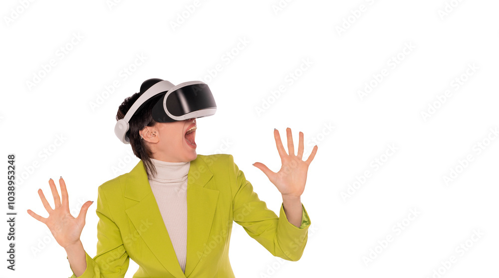 Exciting virtual reality experience with a woman in a bright outfit engaging in immersive technology fun Exciting virtual reality experience with a woman in a bright outfit engaging in immersive technology fun