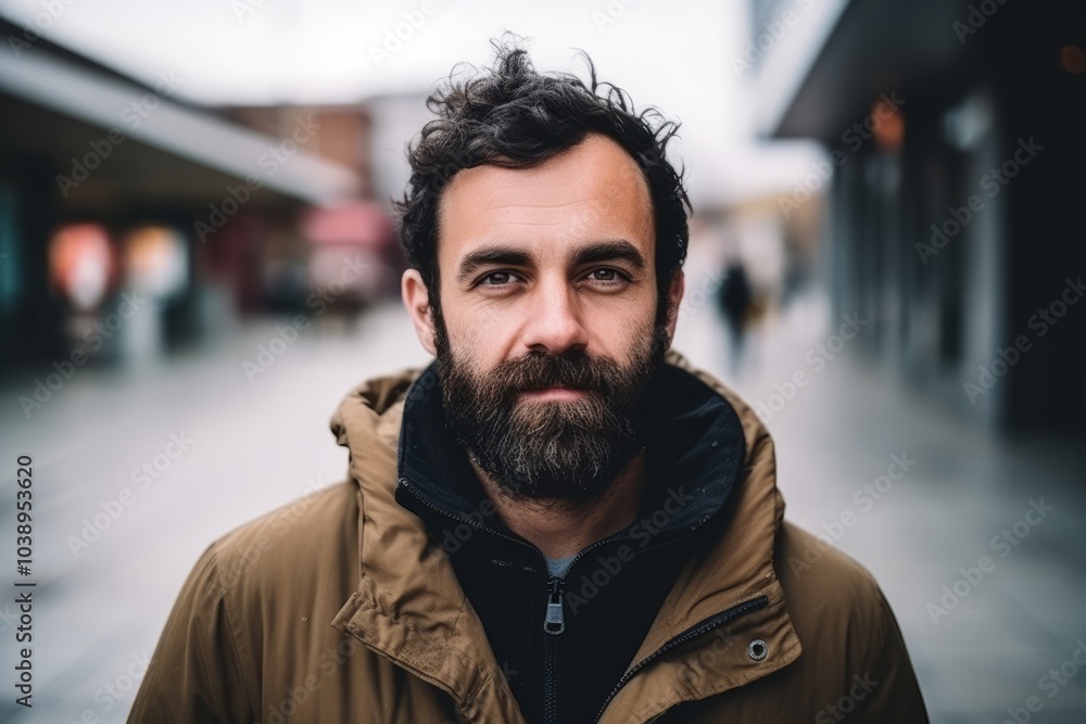 Portrait of handsome bearded man looking at camera in urban background. Portrait of handsome bearded man looking at camera in urban background.