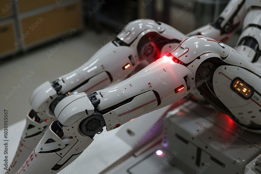 Close-up Of Humanoid Robot Having Laser Treatment At Beauty Clinic On Thigh Close-up Of Humanoid Robot Having Laser Treatment At Beauty Clinic On Thigh