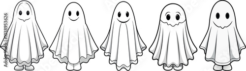 Halloween ghost character set. Five unique ghost designs with simple, playful expressions. For event branding, digital assets, children's products