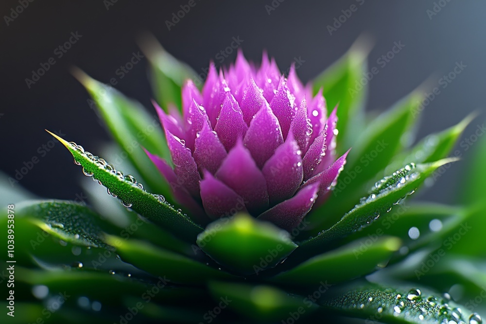 Silybum marianum in hyper-realistic detail, with its spiny leaves and purple flower head covered in morning dew Silybum marianum in hyper-realistic detail, with its spiny leaves and purple flower head covered in morning dew