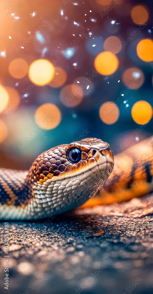 Close up of a snake on a defocused New Year's background Close up of a snake on a defocused New Year's background