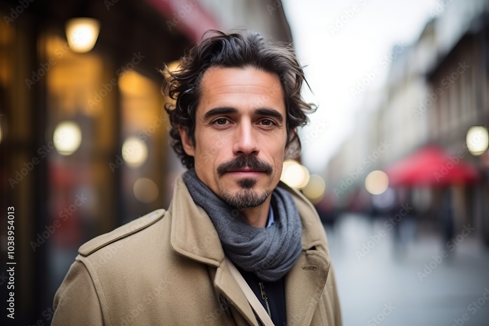 Portrait of a handsome man with coat and scarf in the city Portrait of a handsome man with coat and scarf in the city