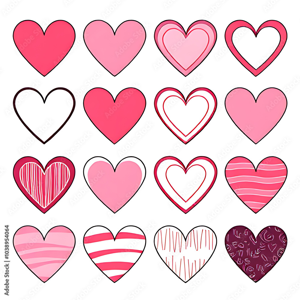 A clip art set of heart shapes, each with a unique design. A clip art set of heart shapes, each with a unique design.