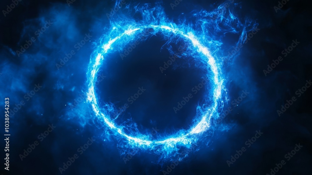 Glowing blue neon circle. Dark background Glowing blue neon circle. Dark background