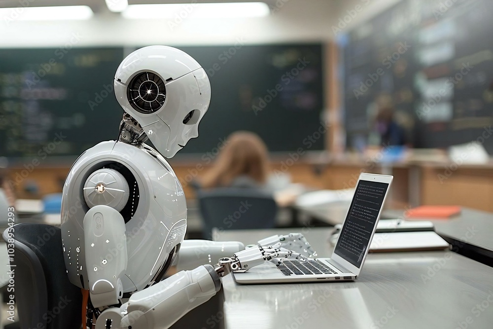 Humanoid Robot Using Laptop At Desk In Classroom, robot, classroom, ai, artificial, teacher, intelligence, code, study, tech, machine, laptop, technology, future, reading, 4, 0, woman Humanoid Robot Using Laptop At Desk In Classroom, robot, classroom, ai, artificial, teacher, intelligence, code, study, tech, machine, laptop, technology, future, reading, 4, 0, woman