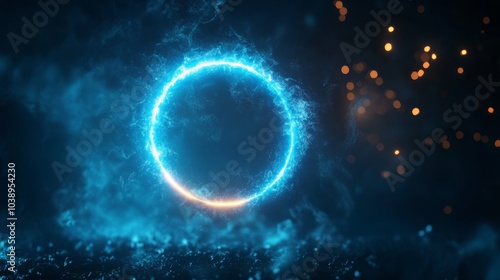 Glowing blue neon circle. Dark background