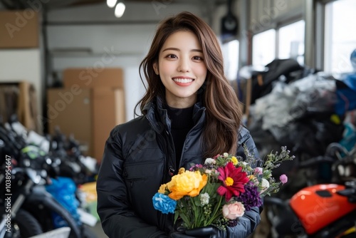 Single woman buying flowers for herself, holding a beautiful bouquet with a smile, celebrating self-love and happiness