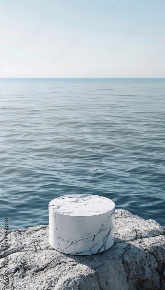 Elegant white marble podium by the sea a luxurious and tranquil coastal viewpoint Elegant white marble podium by the sea a luxurious and tranquil coastal viewpoint