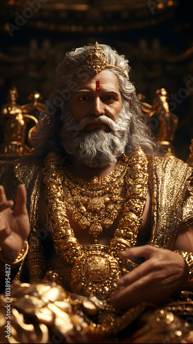 Kubera granting wealth to his devotees, surrounded by gold coins and treasures, with a backdrop of a golden temple photo