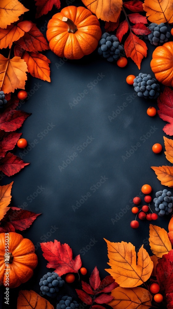 Autumn frame with colorful leaves and pumpkins on dark background, flat lay, top view, vertical banner with copy space. Fall leaf and vegetables border. Concept of Thanksgiving, Harvest Day, Halloween Autumn frame with colorful leaves and pumpkins on dark background, flat lay, top view, vertical banner with copy space. Fall leaf and vegetables border. Concept of Thanksgiving, Harvest Day, Halloween