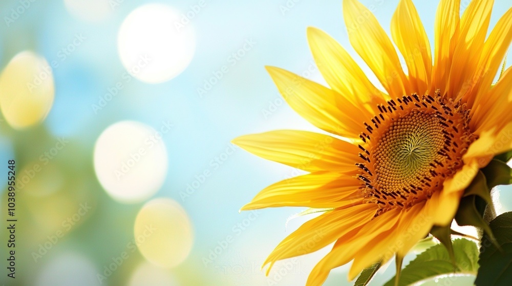 A sharp image of a sunflower's center with a fuzzy sun in the background and a clear blue sky A sharp image of a sunflower's center with a fuzzy sun in the background and a clear blue sky