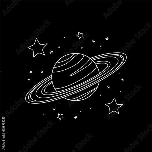 Minimalist line drawing of Saturn, a planet with rings, surrounded by stars on a black background