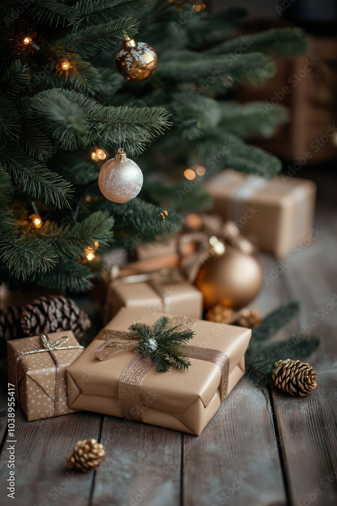 A Christmas tree with a gold ornament hanging from it. There are several boxes on the ground, some of which are wrapped in gold ribbon. The scene is festive and joyful, with the tree A Christmas tree with a gold ornament hanging from it. There are several boxes on the ground, some of which are wrapped in gold ribbon. The scene is festive and joyful, with the tree