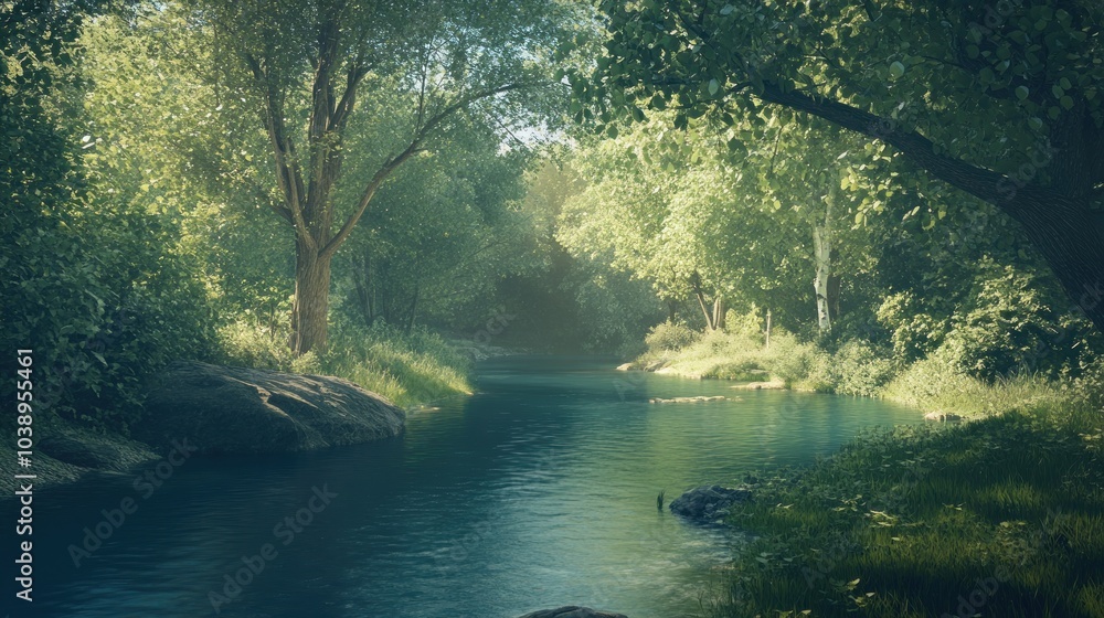 Obraz premium Serene River Through A Lush Forest