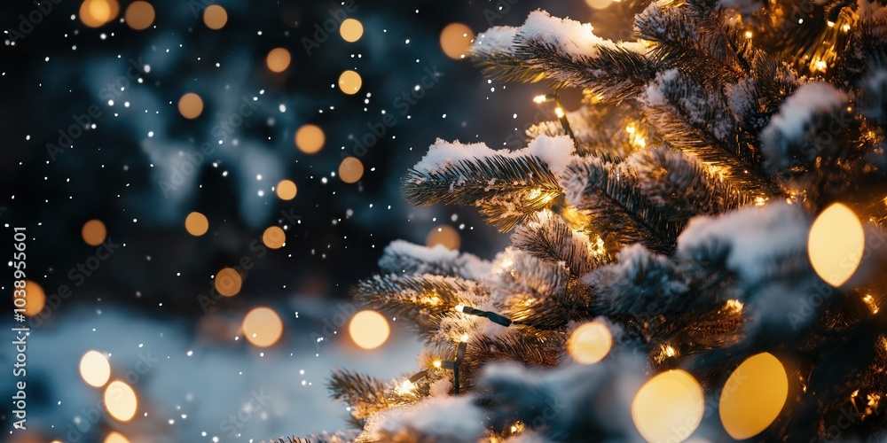 A Christmas tree with snow on it and lights on it. Scene is festive and joyful A Christmas tree with snow on it and lights on it. Scene is festive and joyful