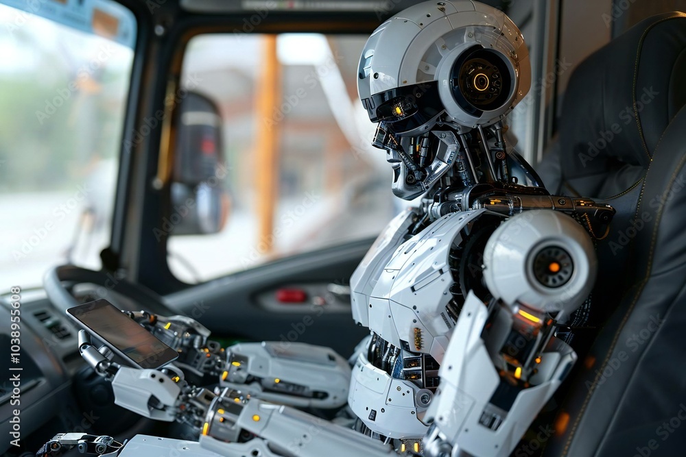 Fototapeta premium Humanoid Robot In Front Truck Using Mobile Phone While Looking At Digital Tablet.