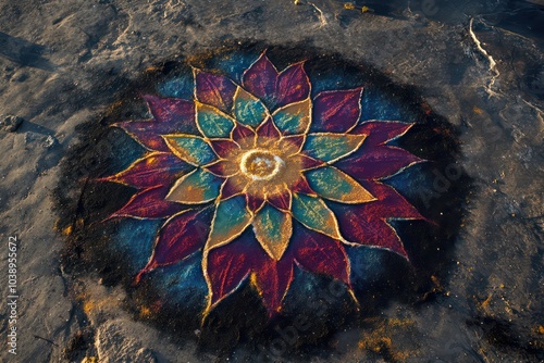 A rangoli pattern created with vibrant colored powders.  photo