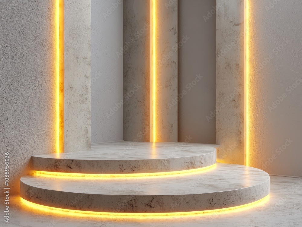 White Circular Platform with Golden Lights in a Minimalist Setting White Circular Platform with Golden Lights in a Minimalist Setting