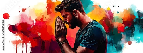 Christian Man Praying painting colorful background. Mix of different colors creating a vibrant and lively atmosphere. The man's expression and posture convey a sense of peace. Christianity holy Prayer