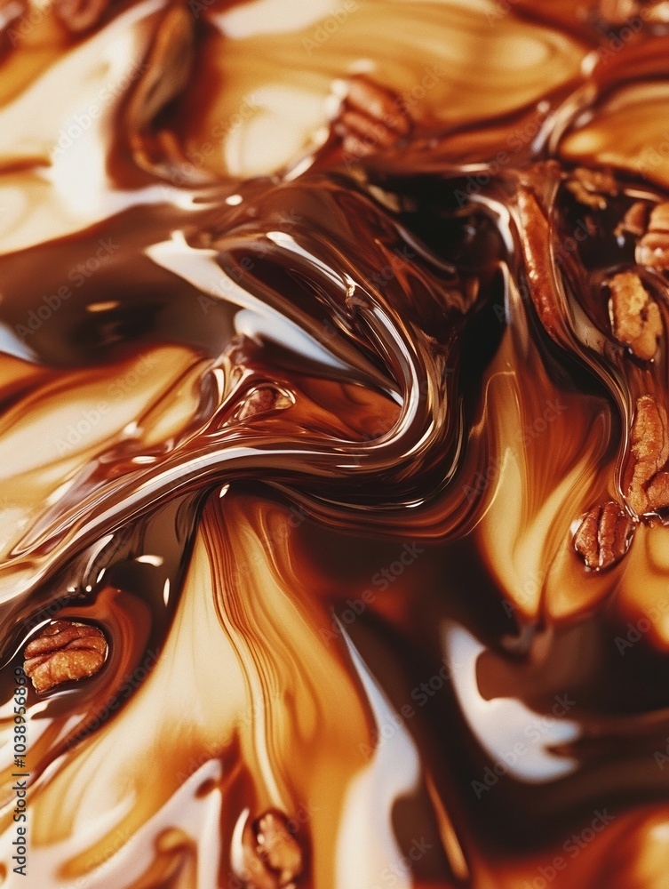 Close-up of pecan pie filling texture swirled with rich dark chocolate ganache Close-up of pecan pie filling texture swirled with rich dark chocolate ganache