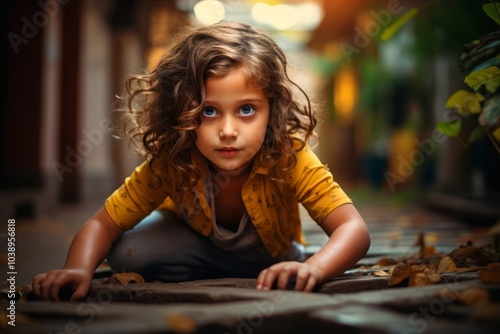 Portrait of a cute little girl with curly hair in a yellow shirt.