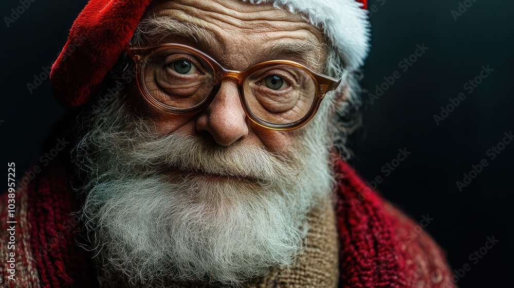 Close-Up of Santa Claus Wearing Glasses with a Thoughtful Expression and a Cozy Winter Look Close-Up of Santa Claus Wearing Glasses with a Thoughtful Expression and a Cozy Winter Look