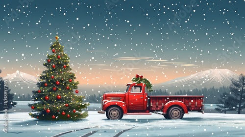 illustration of red christmas truck and christmas tree, greeting card